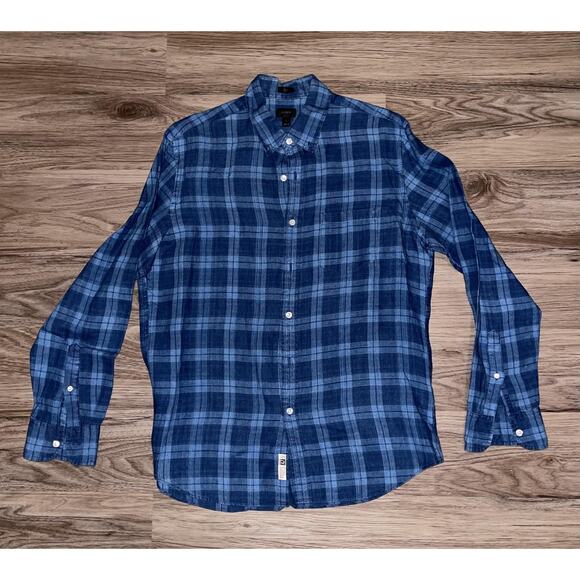 J.Crew Shirt Mens Large Blue Plaid Slim Baird McNutt Irish Linen Long Sleeve - Picture 1 of 7